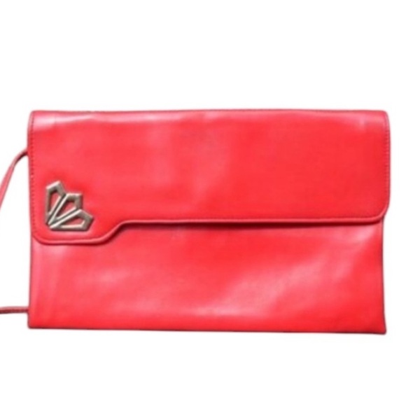 Vintage Handbags - VTG 80s Red Convertible Shoulder Hand Bag Clutch Purse Built-in Compact Mirror